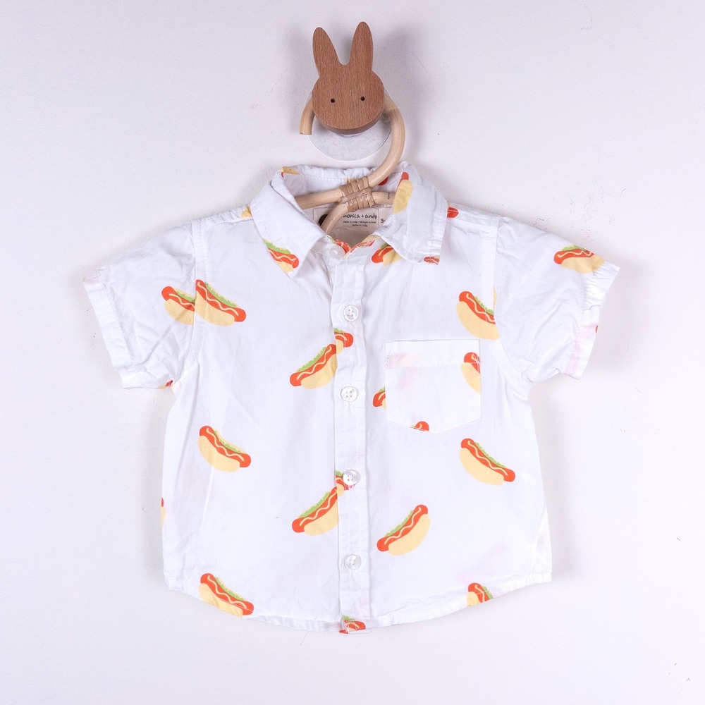 Monica + Andy Hot Dog Print Shirt Baby 3-6m White Short Sleeve Button Down